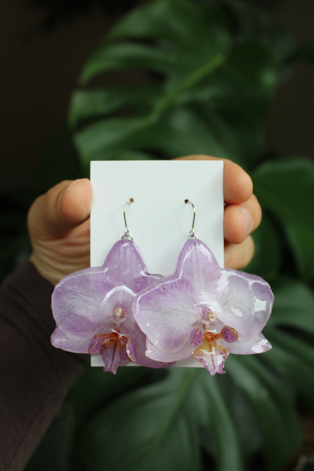 Echte Orchideenblüten Ohrringe lila gelb mit silberfarbenen Anhängern