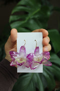 Echte Orchideenblüten Ohrringe pink gelb mit goldfarbenen Anhängern