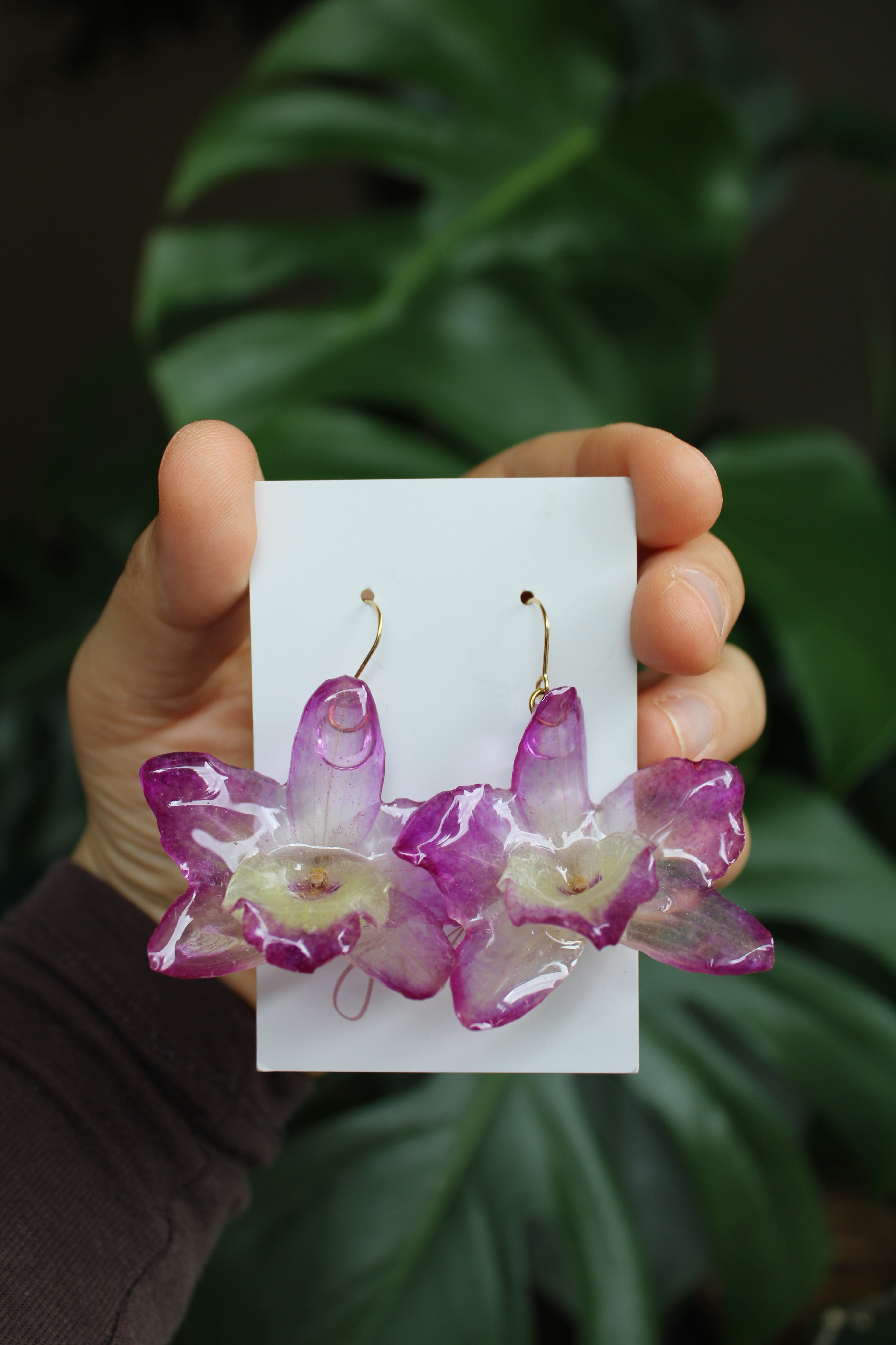 Echte Orchideenblüten Ohrringe pink gelb mit goldfarbenen Anhängern